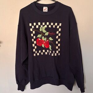 Vintage Jerzees Liz Lauter Apple Print Size Large Navy Blue Made in USA Fruit
